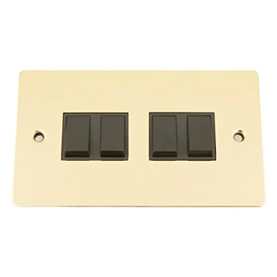 Image of Light Switch 4 Gang Polished Brass Flat Black Insert Plastic 10 Amp Quad 2 Way
