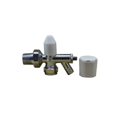 Image of Plumbright 15MM Single Angled Draw Off Radiator Valve (3/4 Nut) Comes with White Plastic Wheelhead &amp; Lockshield Caps