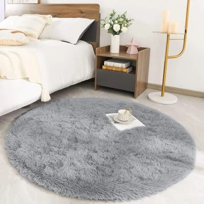 Image of MOONLIGHT20015 Round Rugs Living Room Grey Area for Bedroom 120x120 cm Anti Slip Modern Super Soft Thick Pile Fluffy Shaggy Rug Plush Carpet Non Shedding Easy to Clean