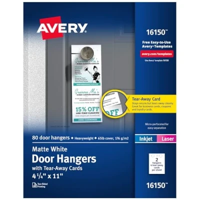 Image of Avery Printable Door Hangers with Tear Away Cards, 4.25&quot; x 11&quot;, Matte White, 80 Blank for Laser and Inkjet Printers (16150)