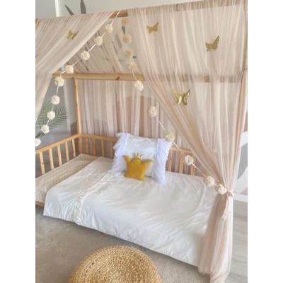 Image of Baby Fancyroom House Bed Canopy Beige Decoration Set Children&#039;s Room Pompom Garland Made of Premium Tulle for Beds (Canopy + 5 x Gold Butterfly, 380 cm)