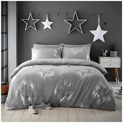 Image of GC GAVENO CAVAILIA Luxury Teddy Sparkling Stars Duvet Set, Premium Cuddly Warm Fluffy Fur Fleece Quilt Bed Cover King, Grey