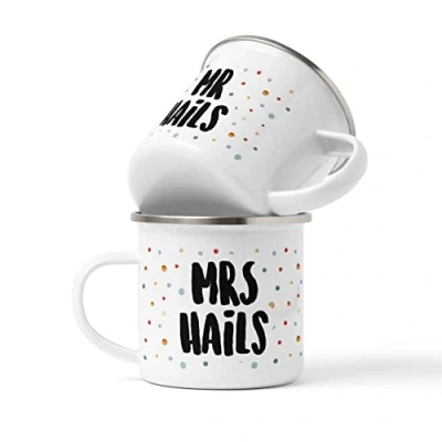 Image of WOWZ DESIGN &amp; PRINT LTD Personalised Mr Mrs Dots Tin Mugs, Newlyweds Gifts, 10 Year Anniversary Mug Set, Years Gift,
