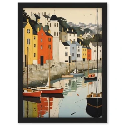 Image of Artery8 Dartmouth Harbour Boats Watercolour Painting Devon Scenic River Dart Townscape Artwork Framed A3 Wall Art Print