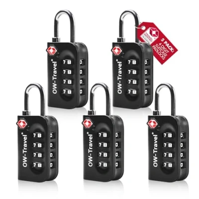 Image of OW Travel Luggage Locks TSA Approved (5 Pack Black) 4 Digit Suitcase Padlocks. Security Backpack Padlock Suitcase, Case Locks, Combination Lock Bag, Gym Locker Padlocks