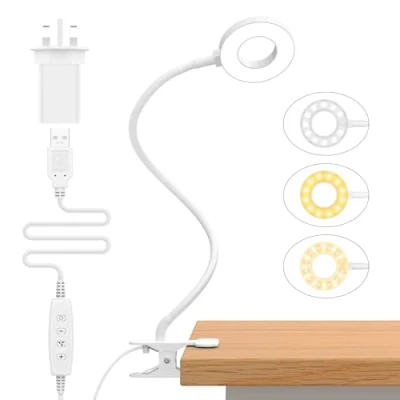 Image of iZELL LED Desk Lamp【3 Color Modes &amp; 10 Brightness】Eye Caring Clip on Clamp Light with 40cm Flexible Gooseneck, Book Ring Plug for Home Office, Kids, Reading, Table, Headboard White