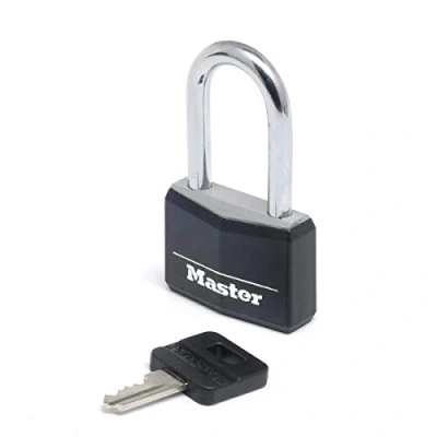 Image of Master Lock 9140EURDBLKLF Key Padlock in Aluminium with Vinyl Cover Medium Shackle, Black, 4 x 7.6 1.3 cm