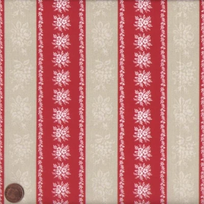 Image of Red Festive Christmas Floral Stripes Mini Design (Joyeux Noël!) French Fabric Cotton 140CM / 55&quot; Wide. Per Half Metre