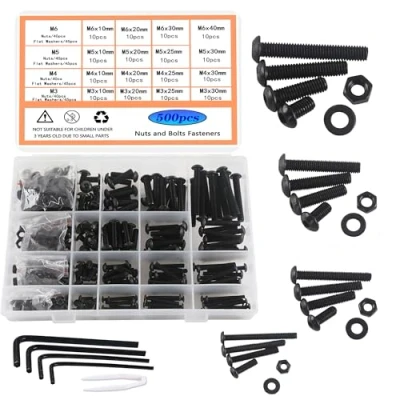 Image of HVDHYY Nut and Bolt Set M3 M4 M5 M6 Black Button Head Machine Screws &amp; Nuts Washers Assortment kit Hex Socket With a Reusable Storage Box 4 Wrenches 500pcs