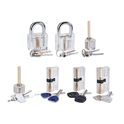 Image of Loboo Idea 7 Piece Practice Lock Set for Beginner and Pro Locksmiths, Pack Transparent Padlock Training Tool Set, Professional Picking Kit Lockpicking