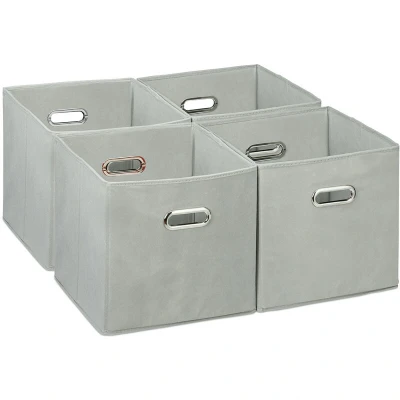 Image of Relaxdays Set of 4 Storage Box, Shelf Baskets, 30 x cm, Handle Holes, Foldable Organiser Bins, Grey, Polyester
