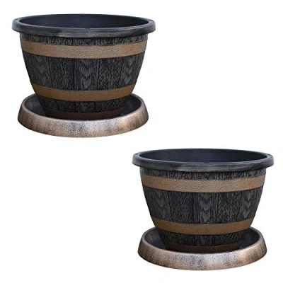 Image of garden Patio Container Pot with Saucer for Plants Wooden Barrel Effect design Made of durable plastic 39cm and by Thompson Morgan (2)