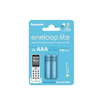 Image of eneloop Lite, AAA/Micro, Rechargeable Battery, Pack of 2, Capacity 550 mAh, Ready to Use Ni MH Batteries, 3000 Recharge Cycles, Plastic Free Packaging, Blue, Ideal for Dect Phones