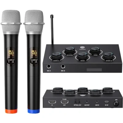 Image of Portable Karaoke Microphone Mixer System Set, with Dual UHF Wireless Mic, HDMI ARC/Optical/AUX &amp; In/Out in Singing Receiver for Smart TV, PC, KTV, Home Theater, Amplifier, Speaker