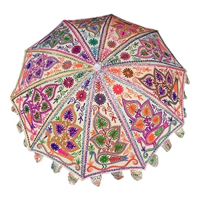 Image of Handmade Embriodery Decorative Garden Umbrella, Large Handcrafted Wedding Umbrellas, Umbrellas for beach Parasols (White Embroidery)
