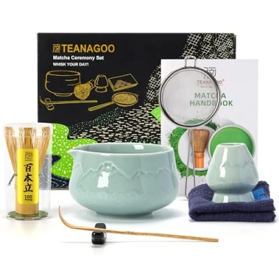 Image of TEANAGOO Japanese Matcha Whisk (7pcs) Set Mtacha Kit Bowl with Pouring Spout Bamboo (Chasen) Scoop (chashaku) Holder.N36,Celadon Blue…