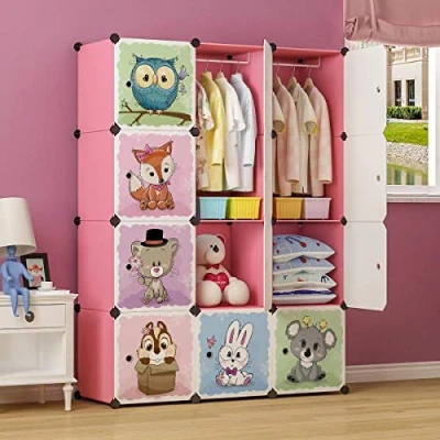 Image of BRIAN &amp; DANY Cartoon Clothes Closet Wardrobe DIY Modular Storage Organizer, Sturdy and Safe for Children, 8 Cubes 2 Hanging Sections, Pink, 110 x 47 147 cm