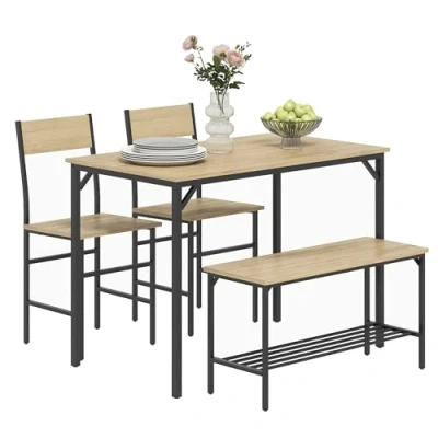 Image of HOMCOM 4 Piece Dining Table and Chairs Set, Industrial Kitchen Set of with 2 Bench, Space Saving Shelf for Small Spaces, Natural Wood Effect