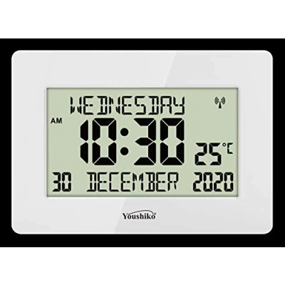 Image of Youshiko Radio Controlled Silent Large LCD Wall Clock (Offical UK Version) Auto Set Up with Day Date Month Helpful for DEMENTIA &amp; ALZHEIMER SUFFERERS