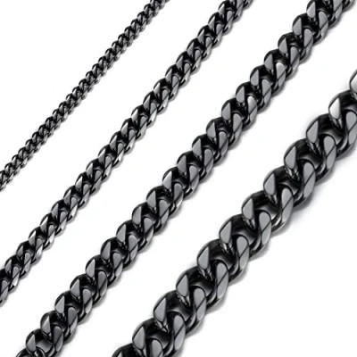 Image of Richsteel Cuban Chain Link Necklace, Diamond Finish Curved Edges Curb Chain, Lobster Clasp, 3MM Width, 46CM(18&quot;) Length, Black Plated 316L Stainless Steel Jewelry, RN20035H 3 18
