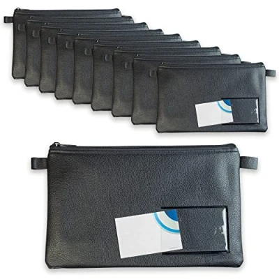 Image of effektivo Bank Bags with Zip and Window for Labelling, Faux Leather, Black, Suitable Documents up to A5, Pack of 10