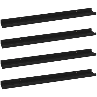 Image of vidaXL Black Wall Mounted Shelves, MDF 4 Piece Set, Modern Home Decor and Storage Solution, Easy to Install Clean, 80x9x3 cm Each