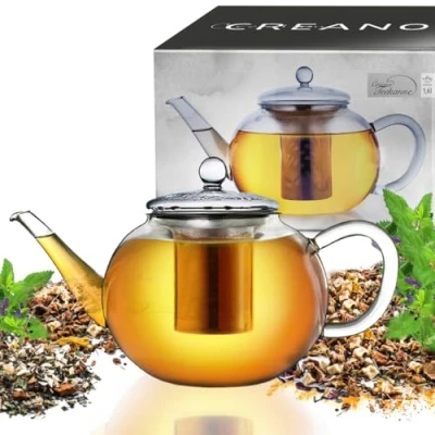 Image of Creano Glass Teapot 1600ml Stovetop Safe Tea Kettle with Stainless Steel Infuser and Lid Ideal for Preparing Loose Teas Drip Free