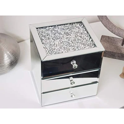 Image of SILVER CRUSHED DIAMANTE MIRRORED GLASS JEWELLERY BOX EYE CATCHING DESIGN BLACK VELVET INLAY TRINKET STORAGE 2 AND 3 DRAWERS (THREE DRAWER)