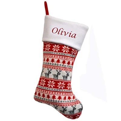 Image of Hoolaroo Personalised FairIsle 40cm Knit Christmas Stocking Red Cream Boot Xmas Knitted