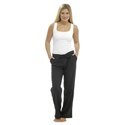 Image of Ladies Women Full Length Linen Trousers with Elasticated Waist 18 Black