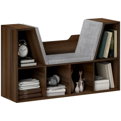 Image of HOMCOM Bookcase Storage Shelf with Cushioned Reading Seat, Cube Bookshelf Organizer for Bedroom Living Room, Chestnut