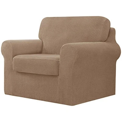 Image of CHUN YI 3 Piece Stretch Sofa Cover, 1 Seater Slipcover with One Separate Cushion and Backrest, Jacquard Spandex Fabric(1 Seater,Camel)