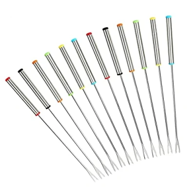 Image of GuDoQi Stainless Steel Fondue Forks, 12 Pieces, 24cm, Heat Resistant Handle, Set of 6 Colors, Ideal for Chocolate Fountain Party, Cheese Forks