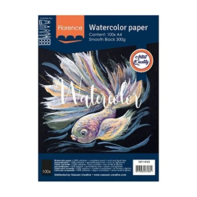 Image of Vaessen Creative Florence Hot Pressed Watercolour Paper A4, Black, 300 GSM, Smooth Surface, Artist Grade Quality, 100 Sheets for Painting, Hand Lettering, Art Projects