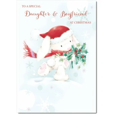 Image of doodlecards Daughter and Boyfriend Christmas Card Cute Rabbit with Holly Medium Size for &amp; Plain Envelope