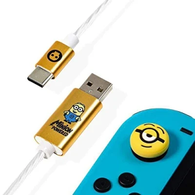 Image of Numskull Official Minions LED USB Type C Cable and Thumb Stick Grips 1.5m Fast Charging Lead Compatible with Xbox Series XS, PlayStation 5, Nintendo Switch