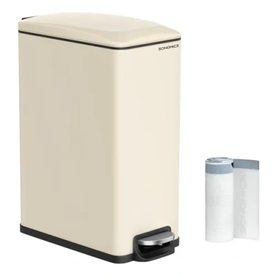 Image of SONGMICS Kitchen Bin, 12.7 Gallon (48 L) Slim Pedal Bin for Narrow Spaces, Rubbish and Waste with Soft Close Lid Inner Bucket, Steel, 15 Bags Included, Sand Beige LTB510A02