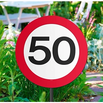 Image of Traffic Sign 50th Party Garden sign, 44cm x 26cm 1cm. Coated Card with Plastic Stick