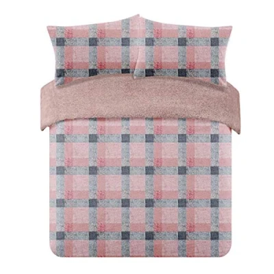 Image of Dreamscene Check Teddy Duvet Cover with Pillowcase Super Soft Fleece Fluffy Winter Tartan Bedding Set, Blush Pink Grey King