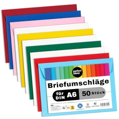 Image of perfect ideaz 50 Colour 11.4 x 16.1 cm envelopes (C6), Recycled Envelope Without Window, Made sustainably in Germany, 10 Colours, Set of Blank envelopes, Wet Adhesive