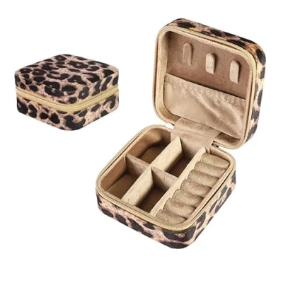 Image of BSLVWG Jewellery Box, Small Travel Organiser Storage Case for Necklace Earrings Bracelets Rings Velvet Leopard Box Organizer,Jewellery Gift Girls Women (Leopard)