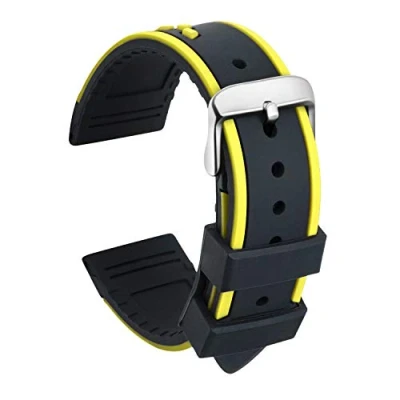 Image of ULLCHRO Silicone Watch Strap Replacement Rubber Band Waterproof Bicolor Men Women 20, 22, 24mm Bracelet with Brushed Stainless Steel Buckle Silver (22mm, Black &amp; Yellow)