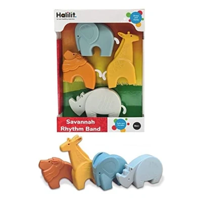 Image of Halilt Halilit Savannah Rhythm Band Gift Set 4 Pc Animal Shaker Rattles Includes a Lion, Elephant, Rhino and Giraffe Shakers Toddler Sensory Musical Instruments. Suitable Boys Girls 9 month + (MP4100)