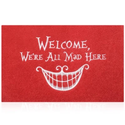 Image of AOAOPQ Welcome We re all mad Here Door Mats for Outdoor Entrance Funny Mat Front Indoor Non Slip Backing Rubber Outside Doormat Pet 60x90 cm Red