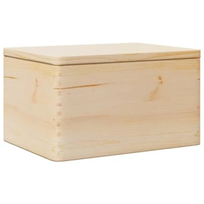 Image of vidaXL wooden storage box solid pine chest with hinged lid 40x30x23 cm for living room/bedroom/playroom rustic unfinished wood finish