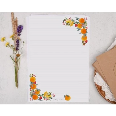 Image of Making Meadows A4 Lined Letter Writing Paper Set (20 Sheets &amp; 10 envelopes) Orange Fruit Botanical Design On Penpal Stationery