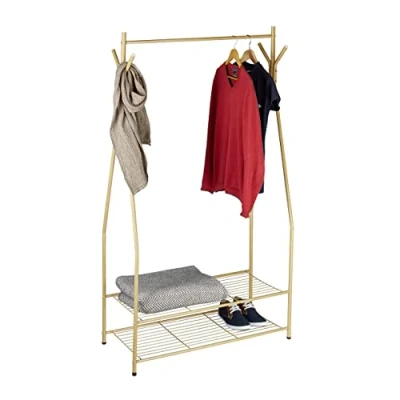 Image of Coat Rack with Shoe Storage sandra, Metal, Wide, Clothes Rail, 2 Shelves, HxWxD: 162 x 90 40 cm, Brown Relaxdays
