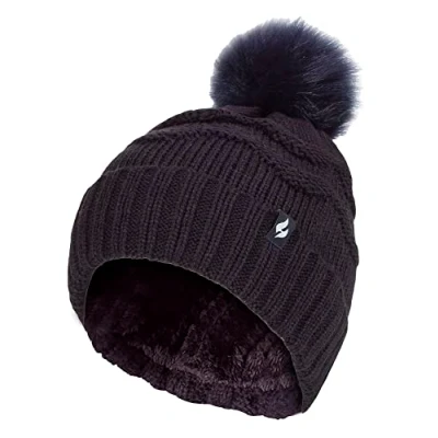 Image of HEAT HOLDERS Ladies Winter Fur Beanie Hat Zigzag Patterned Pom Womens Thermal Cuff Bobble (One Size, Navy)