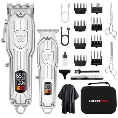 Image of HIENA PRO Professional Hair Clippers Set for Men, Cordless Barber Clipper T Blade Trimmer Set, Electric Cutting Machine Kit, USB Rechargeable Barbers with LED Display (Silver)