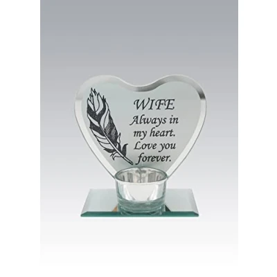 Image of Wife Feather Design Memorial Glass Heart Tea Light Plaque DF18890 N